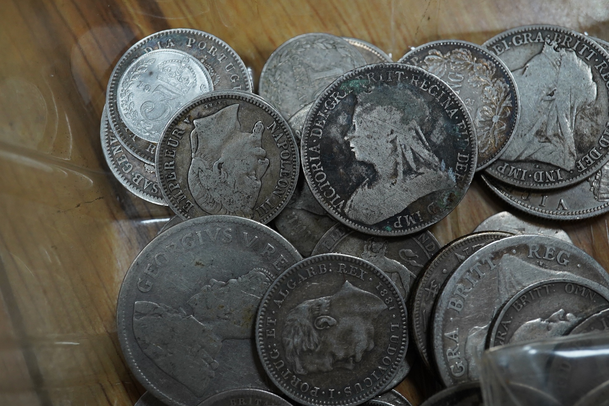 A quantity of British, Dutch, South Africa etc silver coins, 19th- early 20th century, to include a George V crown 1930, about EF etc.